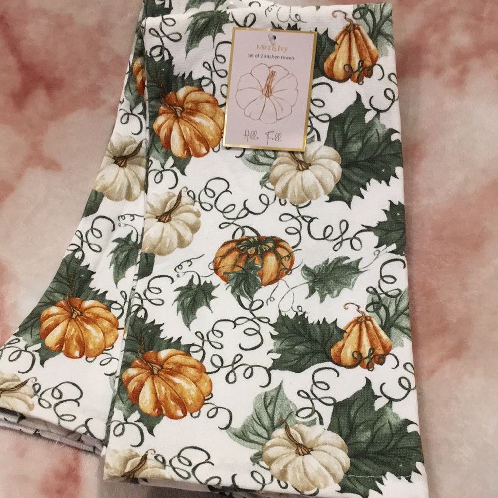 Pumpkin Harvest Fall Kitchen Towels by Mint & Ivy Cotton Set of 2, NWT 16x26”